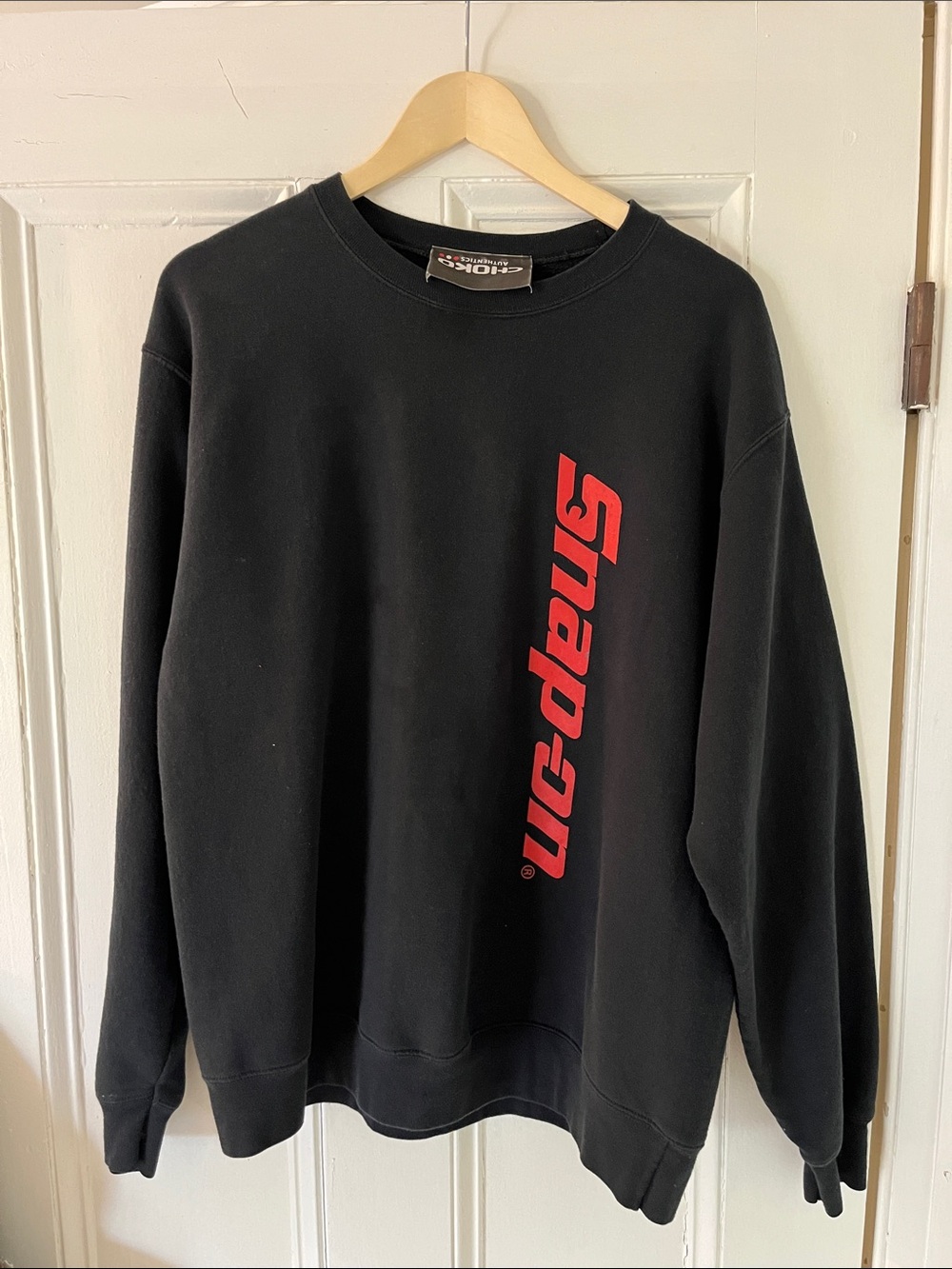 Vintage Snap-on Black Crewneck Sweater with Vertical Red Logo